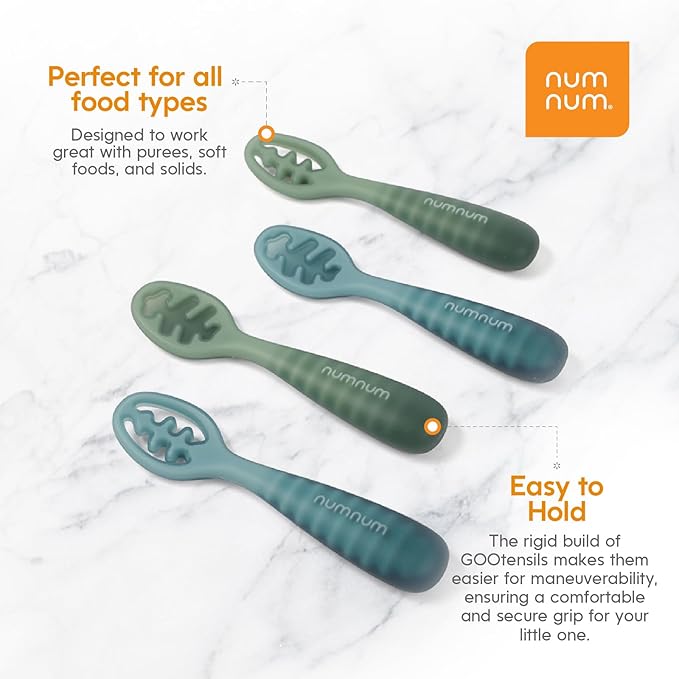 NumNum Baby Spoons Set, Baby Essentials Pre-Spoon GOOtensils for 6+ Months, First Stage Self-Feeding Spoons for Baby Led Weaning (BLW), Silicone Toddler Utensils, BPA-Free, 4 Pack Blue
