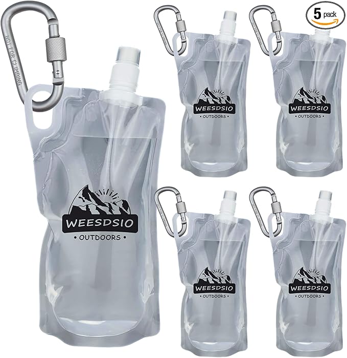 5-Pack 1L Hiking Collapsible Water Bottles with Mountaineering Buckle (Not Suitable for Climbing) BPA-Free Foldable Backpacking Water Bottle for Camping Hiking Running Cycling Mountaineering