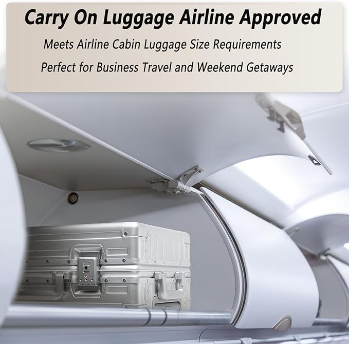 20 Inch All Aluminum Carry On Luggage 22x14x9 Airline Approved with Spinner Wheels,Hard Shell Zipperless Lightweight Small Suitcase with TSA Approved for Travel Business Women Men,Silver