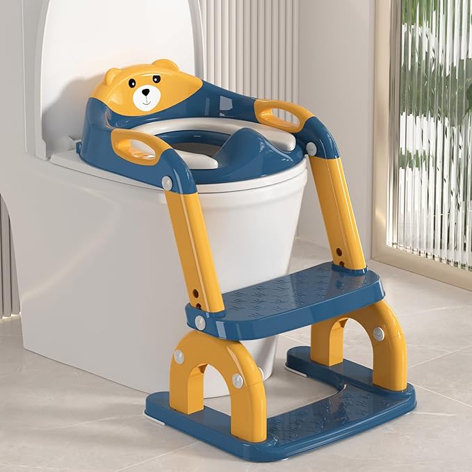 Potty Training Seat Upgraded 2-in-1 Potty Toilet for Kids Boys and Girls, Adjustable Step & Seat Height with Splash Guard Anti-Slip Pad Step Stool(Yellow and Blue)