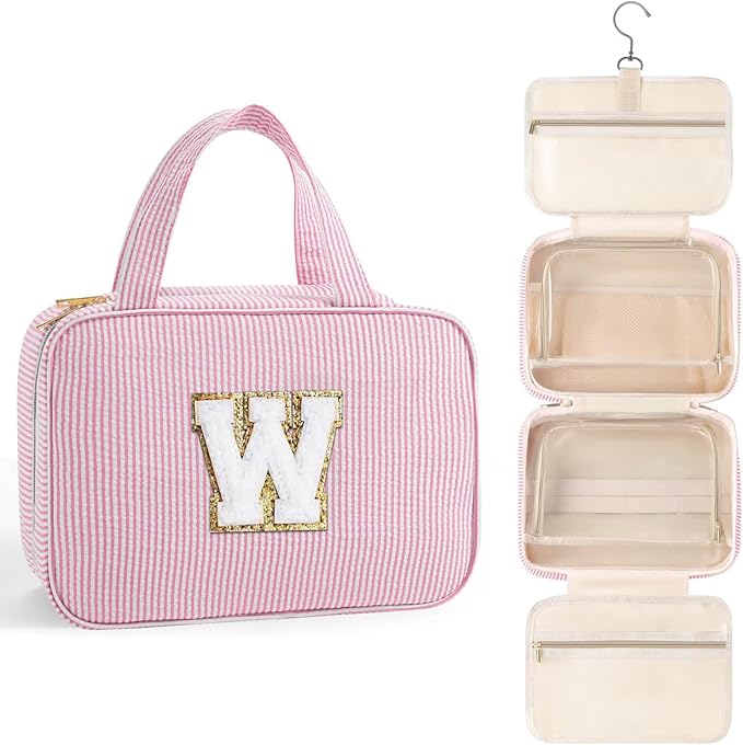 TOPEAST Hanging Toiletry Bag for Women - Travel Toiletry Bag Makeup Bag, Portable Toiletries Cosmetic Bag, Airplane Travel Essentials - Letter W, Pink