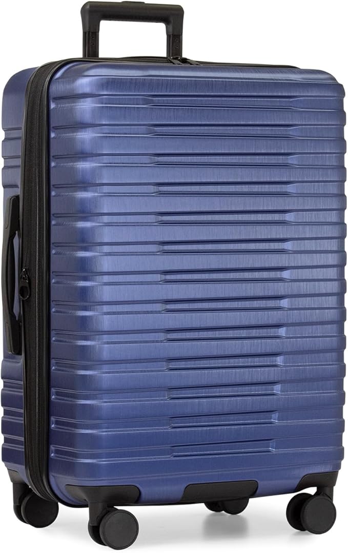 U.S. Traveler Boren Polycarbonate Hardside Rugged Travel Suitcase Luggage with 8 Spinner Wheels, Aluminum Handle, Navy, Checked-Medium 26-Inch