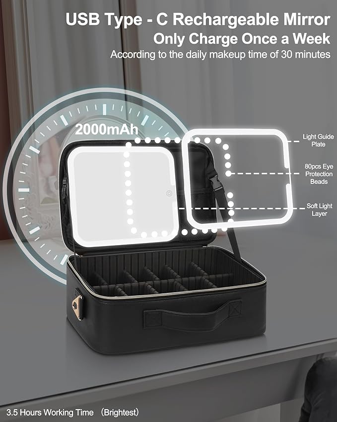 Chomeiu Makeup Bag with LED Mirror, Travel Cosmetic Train Case for Women, Makeup Artists Large Organizer Box with Vanity Light Up Mirror, 3 Color Lights, Adjustable Dividers & Shoulder Strap (Black)