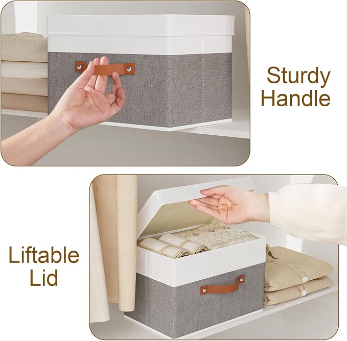 Fabric Storage Bins with Lids, 5 Pack Linen Foldable Cloth Baskets, 15 x 9.8 x 9.8 Inch Closet Organizer Containers with Double Handles, Sweater Boxes for Bedroom, White and Grey