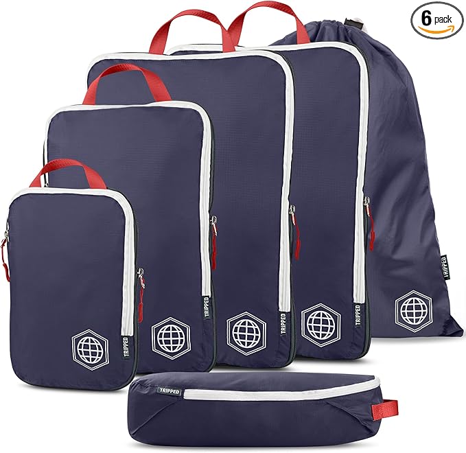 Large Compression Packing Cubes 6 Piece Set for Travel with Lightweight Laundry Bag for Carry-On Suitcase by TRIPPED Travel Gear (Navy)