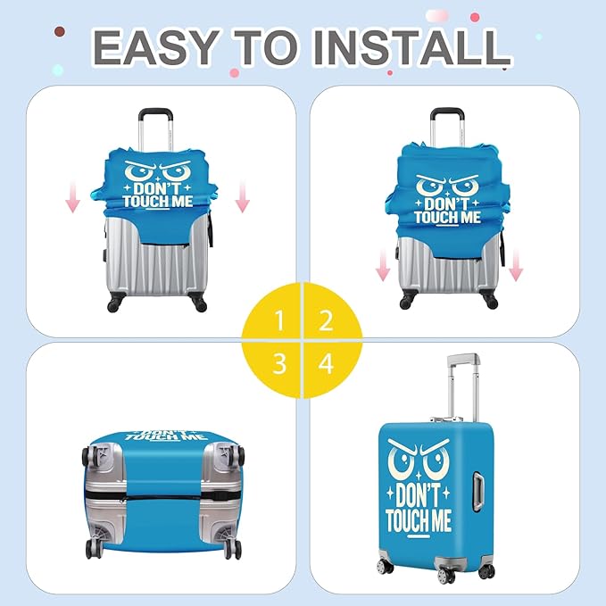 ANNA QUEEN Funny “Don’t Touch Me” Luggage Cover, Bold Blue Suitcase Protector with Angry Eyes Design, Stretchable, Washable Travel Cover for 24-26 Inch Luggage