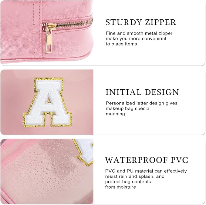 YOOLIFE Initial Make Up Bag Travel Toiletry Bag, Clear Makeup Bag Preppy Cosmetic Bags Organizer Travel Essentials Pink Gifts for Women Teen Girlfriend Teacher Mom Birthday Mothers Day Gifts E