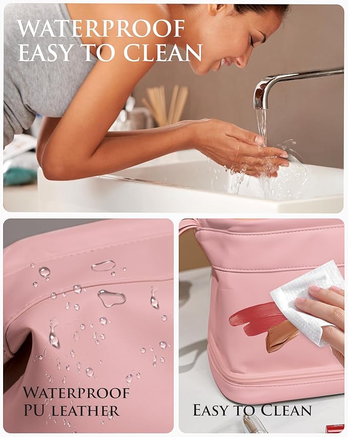 Bridesmaid Gift, Initial Makeup Bags, Personalized Double Layer Cosmetic Bag with Makeup Brush Organizer, Waterproof, Large Capacity PU Leather Travel Toiletry Bag