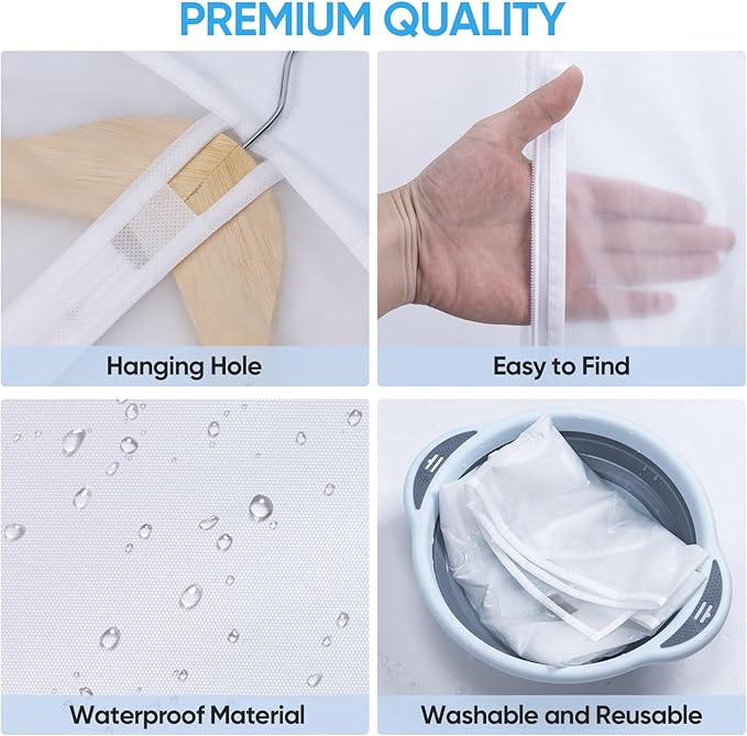 BALEINE 40'' Translucent Garment Bags, 6 Packs PEVA Dress Bag for Closet Clothes Dresses Suit Coats Storage (White, 6PK)