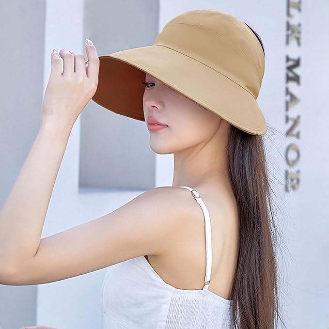 Sun Hats for Womens Wide Brim UV Protection Fishing Hats Packable Reversible Hollow Top Hat with Ponytail Beach Travel Hats