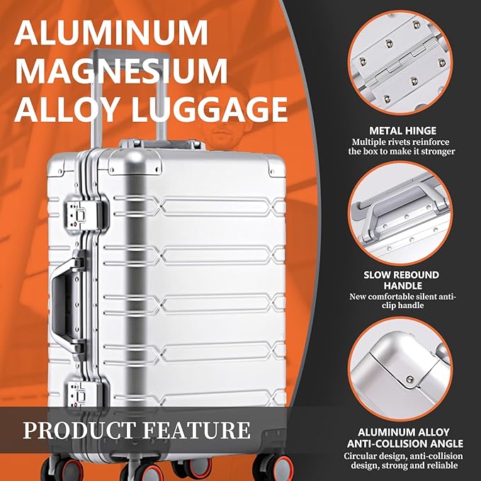 WEICHEN All Aluminum Magnesium 24 Inch Luggage with Spinner Wheels, Hard Case Aluminum Luggage Suitcase with Spinner Wheels and TSA Lock