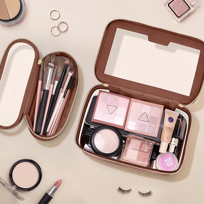 Travel Clear Makeup Bag with Makeup Brush Bag, Leather Makeup Case Toiletry Bag, Portable Cosmetic Bag Case, Transparent Waterproof Cosmetic Organizer Storage Bag for Women, Brown