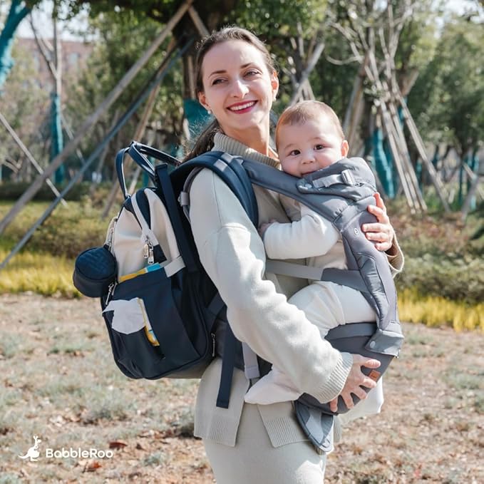 BabbleRoo Grow Carrier – 6-in-1 Baby Carrier with Hip Seat, Ergonomic, Cozy & Adjustable Toddler Carrier 7-50 lbs with Hip & Lumbar Support, Hood for Sun Protection, Newborn to Toddler, Black
