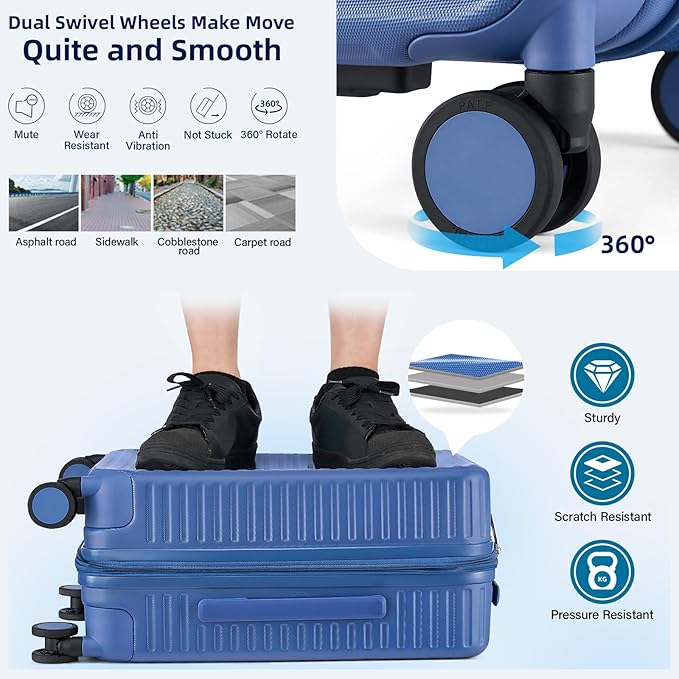 Hard Shell Suitcases 20 Inch Carry on Luggage Airline Approved, Expandable Travel Luggage with Cup Holder Charger Built in Lightweight Small Suitcase with Wheels, Interstellar Blue