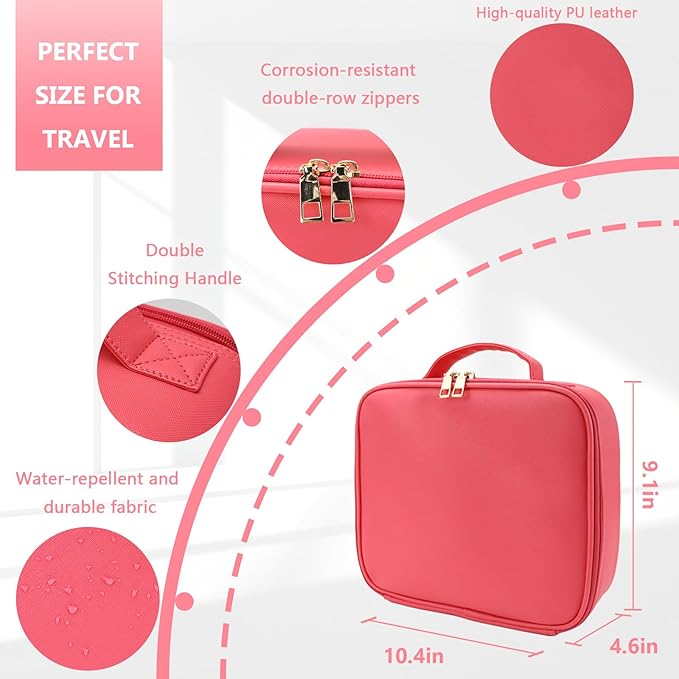 Travel Makeup Bag for Women and Makeup Artists Cosmetic Organizer Large Makeup Case,Travel Makeup Bag with Mirror 3 Color Setting,Portable Storage and Adjustable Dividers(light red)