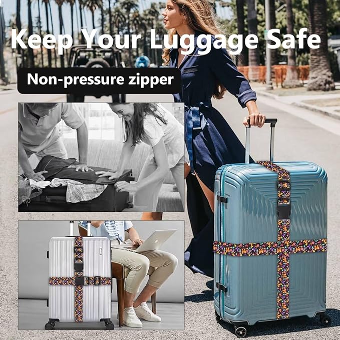 2 Pack Luggage Straps for Suitcases Adjustable Luggage Belt TSA Approved, Bright Colors Travel Packing Straps with Quick Release Buckle Unique Nylon for Sleeping Bag Car Seat, Butterfly Black