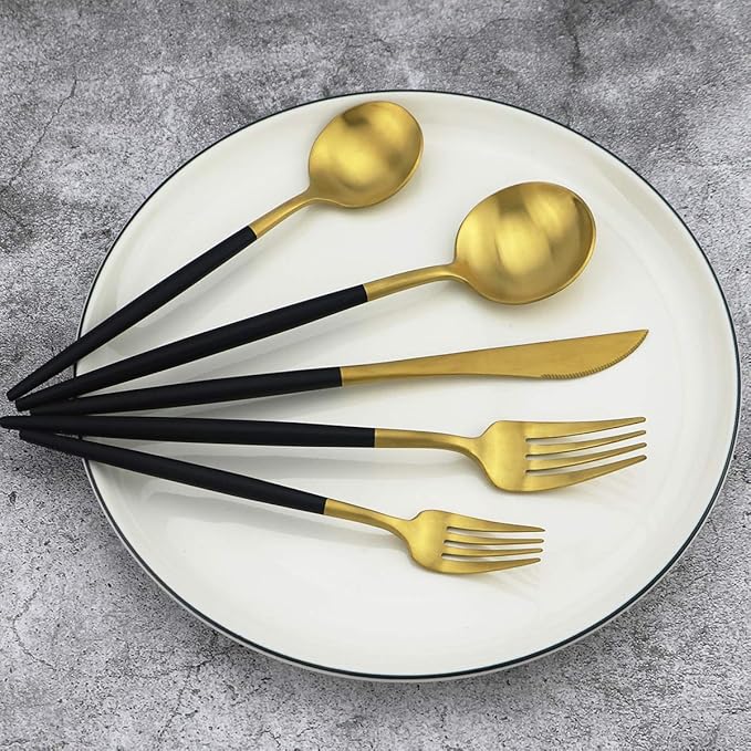 Gugrida 20-Piece 18/10 Stainless Steel Flatware Silverware, Luxury Dinnerware Set Travel Cutlery Tableware Include Knife Fork Spoon Service for 4, Dishwasher Safe (Black Handle Matte Gold)