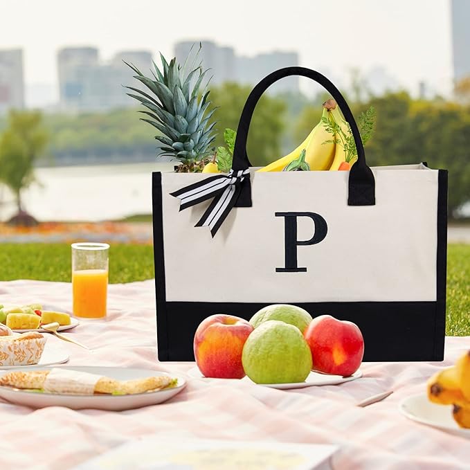 TOPDesign Embroidery Initial Canvas Tote Bag, Personalized Present Bag, Suitable for Wedding, Birthday, Beach, Holiday, is a Great Gift for Women, Mom, Teachers, Friends, Bridesmaids (Letter P)