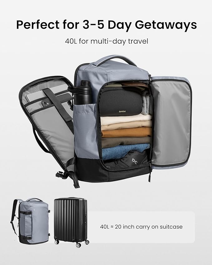 tomtoc Travel Backpack 40L, TSA Friendly Flight Approved Carry-on Luggage Hand Water-resistant Lightweight Business Rucksack, Durable Large Weekender Bag Daypack Fits 17.3 Inch Laptop