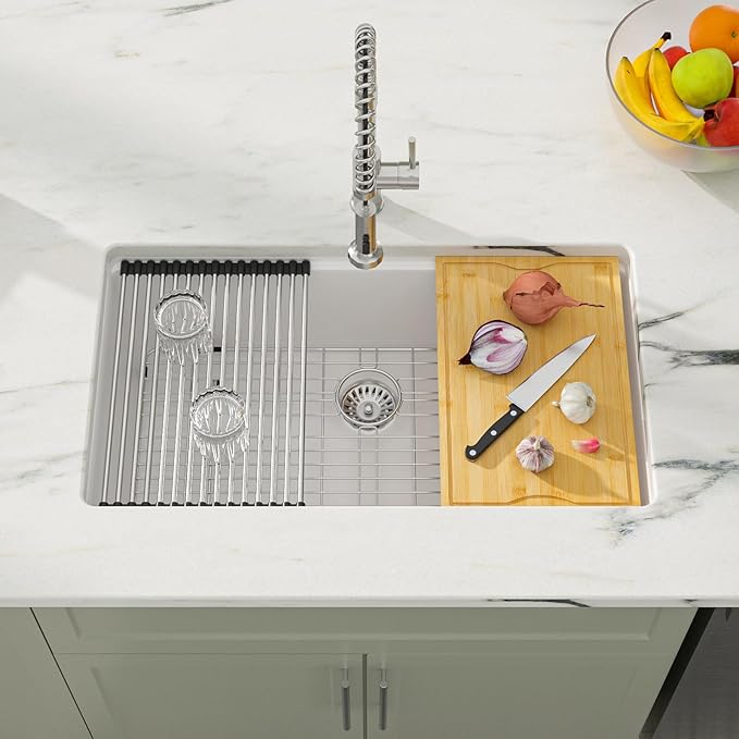 Dcolora 32-Inch Granite Composite White Kitchen Sink, Single Bowl Undermount Workstation Quartz Sink, 32"W x 19"D x 10"H #DC-GU7755