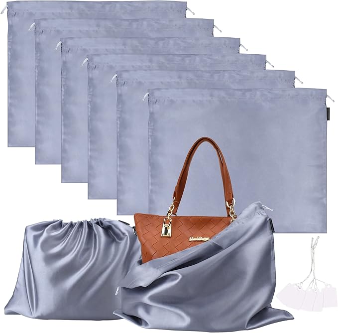 6 Pack Dust Bags for Handbags Silk Dust Cover Bag for Handbags Purses Shoes Boots, Silk Dustproof Drawstring Bag Travel Storage Pouch (Gray, 23.6 × 19.6 in)