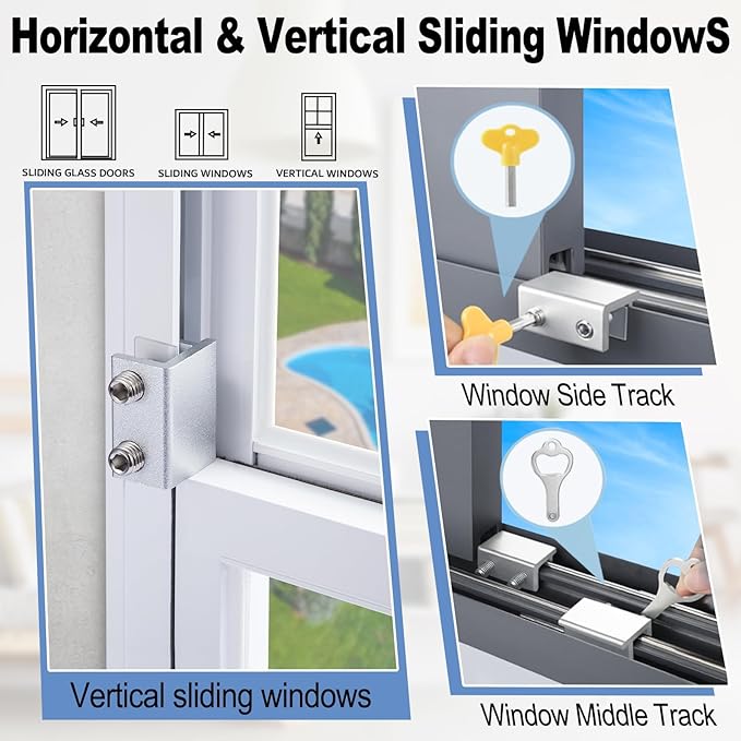 4 Sets Sliding Window Locks with Key, Window Locks for Up and Down Windows,Easy to Install Vertical & Horizontal Window Security Locks,Adjustable Aluminum Window Stopper Lock(Silver)