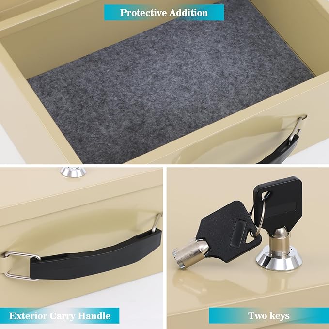 Dalmbox Portable Fire Safe Box with Key Lock, 13.2”x 11”x 5.1'', Fire Resistant Metal Storage Box, Lock Box for Documents, Safety Deposit Box for Home, Outside, Car, X Large, Sand