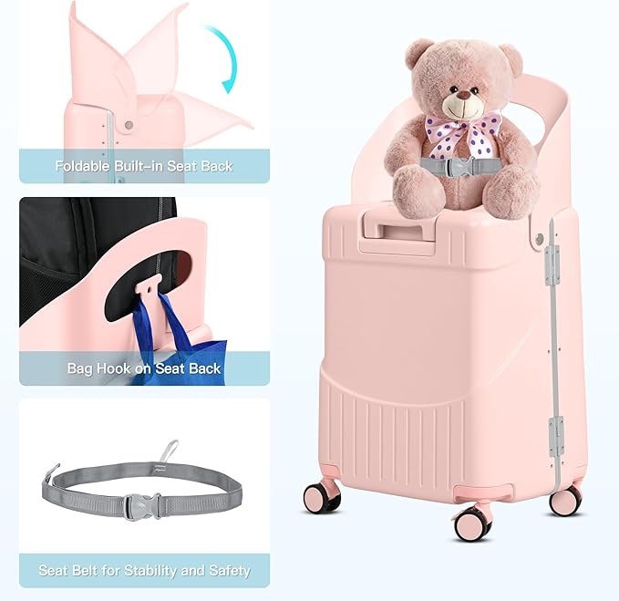 20" Carry-On Luggage with Seat for Kids & Adults, Lightweight Hardside Ride-On Suitcase with Front Opening, TSA Lock, 360° Spinner Wheels (Pink, 20-inch)