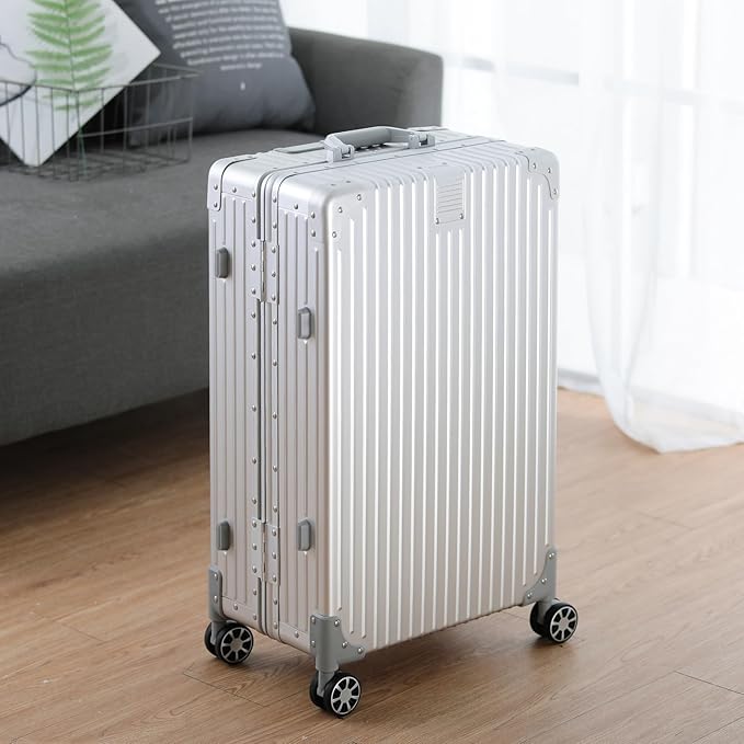 Metal All Aluminum Carry-on Luggage TSA Customs Lock Zipperless Silent Rotary Wheel Business Suitcase Aluminum Frame Set (silvery, 2Piece(20/28))