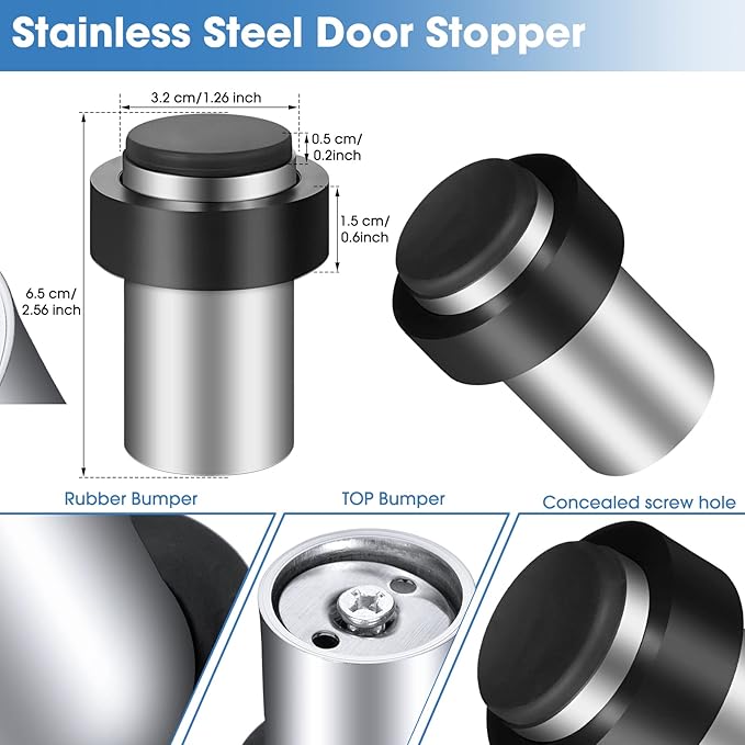 Chumia 30 Pcs Door Stopper Mounted Floor Stops Stainless Steel Cylindrical Stopper Modern Decorative Rubber Bumper Stops Holder Wall Protector for Bottom or Top of Door (Silver)