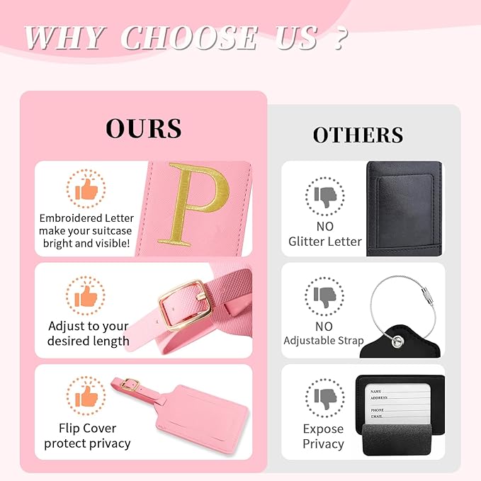 Personalized Initial Luggage Tags for Suitcase, Pink Leather Cute Luggage Tags with Privacy Cover Name Card, Embroidered Custom Monogrammed Luggage Tag Travel Bag Baggage Tags Gifts for Women Kids(P)