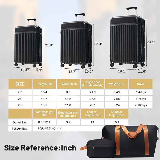 Merax Luggage Sets, Durable Hardshell 3 Piece Suitcase with Double Spinner Wheels and Handle Bags,Lightweight Carry on Luggage with TSA Lock,20+24+28 inches,Black