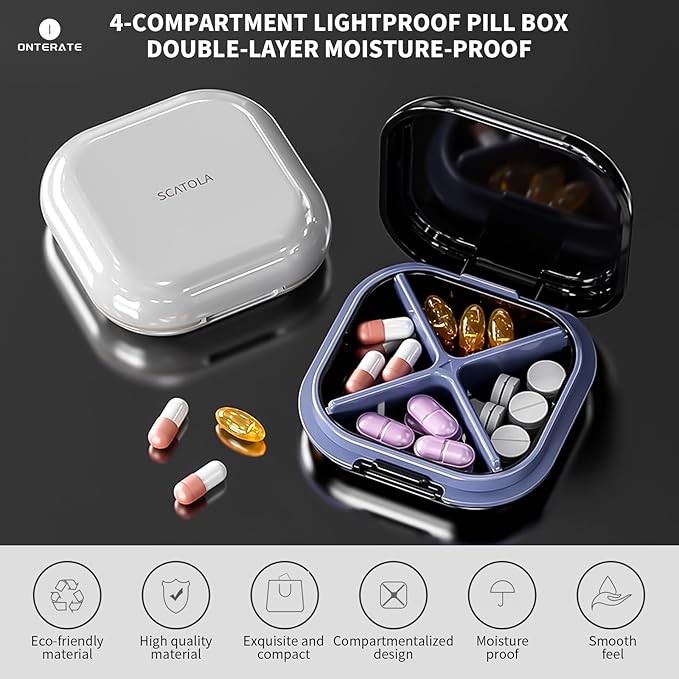 Small Pill Case, Travel Pill Box, Portable Pill Organizer, Pill Container for Pocket 4 Compartments, Daily Compact Travel Medicine Holder for Vitamins Medication (Purple)