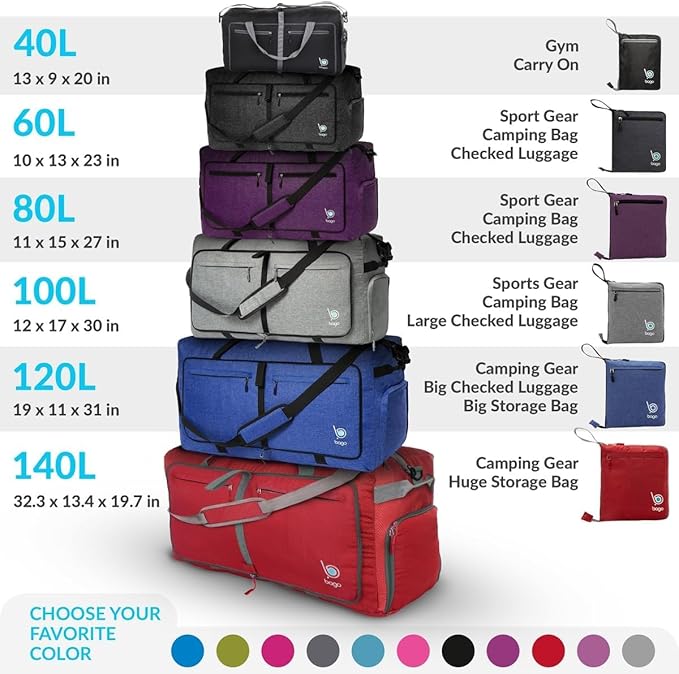 Bago Foldable Duffel Bags for Traveling Women & Men - 40L Sports Packable Duffle Bag for Travel with Shoe Compartment - Water Repellant, Heavy Duty, Lightweight Folding & Collapsible (SnowDepPurple)