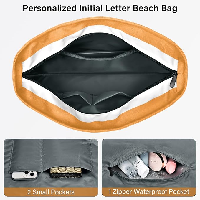 Becokan Beach Bag Initial Beach Tote with Makeup Bag for Travel Work Storage Personalized Birthday Gifts for Women Her