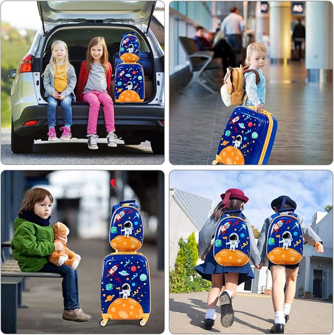 HONEY JOY Kids Luggage, 12" Toddler Backpack & 18" Travel Suitcase with Wheels, Lightweight Toddler Suitcase, Durable ABS Hardshell, 2Pcs Carry On Luggage Set for Boys Girls, Blue Astronaut
