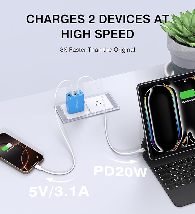 2-Pack USB C Wall Charger Block,50W 5-Port C Charger Fast Charging Block PD Power Adapter +QC 3.0 Multiport Type C Box Charger Cube USB A Wall Plug for iPhone 16/15/14/13 Pro Max,Samsung Galaxy(Blue)