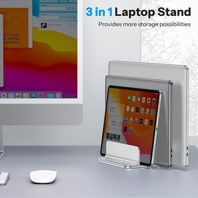 OMOTON 3-Slot Vertical Laptop Stand, Desktop Aluminum Stand for MacBook with Adjustable Dock Size, Fits All MacBook, Surface, Chromebook and Gaming Laptops (Up to 17.3 inches), Bright Silver