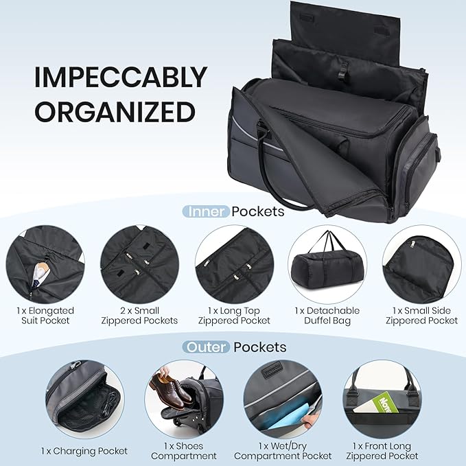 Fanwoli 3-in-1 Rolling Garment Bag for Travel, Wheeled Carry-On Luggage with Shoe Storage & Detachable Organizer, Wrinkle-Free Compartment for Suits/Dresses/Wedding Gowns, Fits Most Airline Size