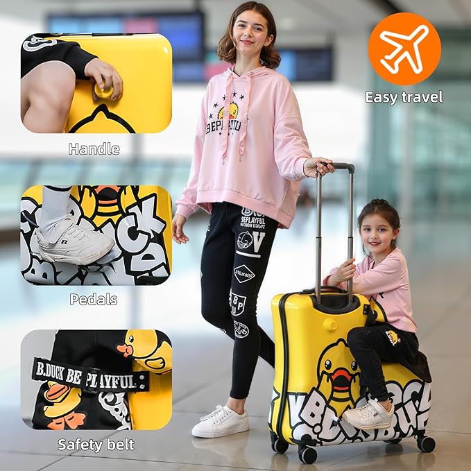 Ride on Kids Luggage with Wheels for Girls and Boys,Hard-sided Kids Rolling Suitcase for Toddler,Carry On 21 Inch Ages 3-6,Yellow