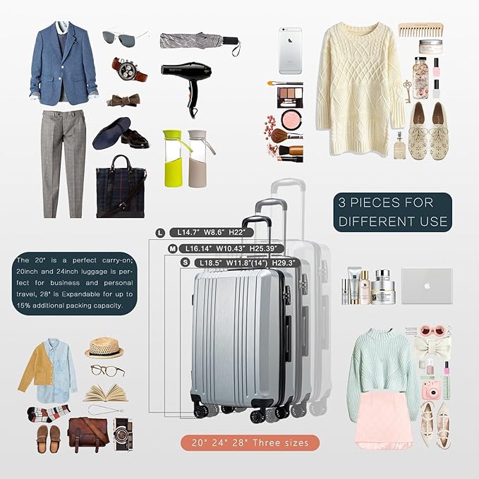 Coolife Luggage Expandable(only 28") Suitcase PC+ABS with TSA Lock Spinner 20in 24in 28in (navy, L(28IN))