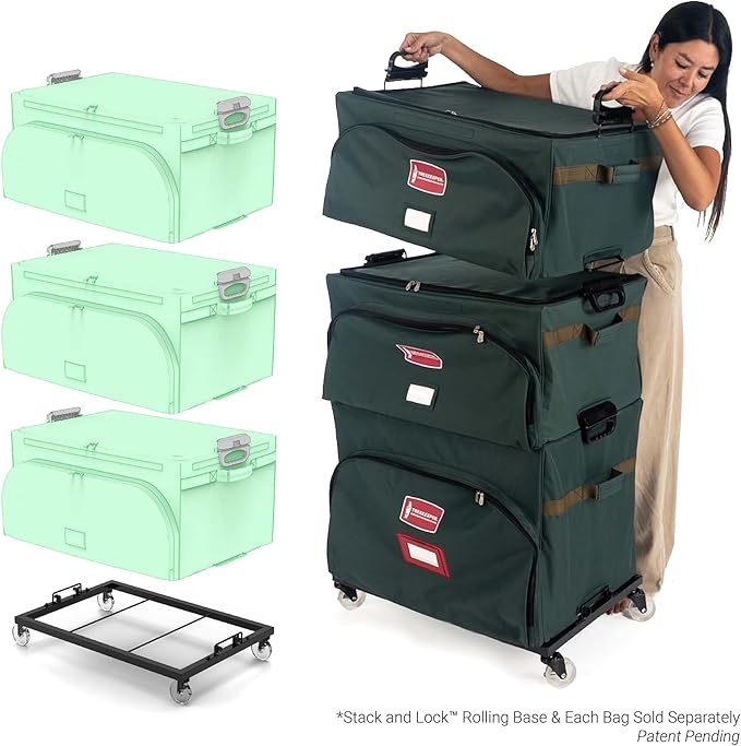 TreeKeeper Stack & Lock™ Green Christmas Ornament Storage Box Holds 72 Ornaments up to 4" Diameter, 3 Removable Trays with Separators, Top Pocket