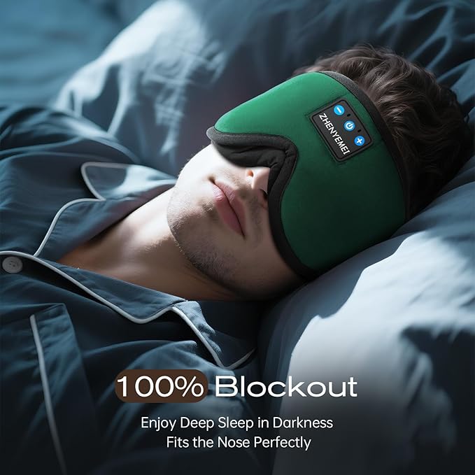3D Sleep Mask with Bluetooth Headphones, Sleeping Headphones for Side Sleepers, Wireless Music Eye Mask with Ultra-Thin Stereo Speakers for Men, Women, Tech Gifts, Deep Green