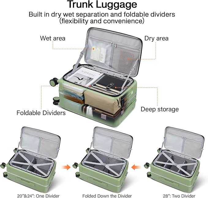Hanke 20 Inch Carry On Luggage with Cup Holder and Charge,Top Opening Hard Shell Suitcases with Wheels and Dividers,Aluminum Frame Trunk Luggage Small Suitcase with Lock for Travel,Bamboo Green