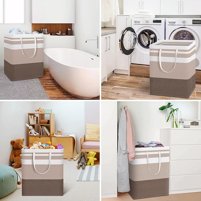 HomeHacks 2-Pack Large Laundry Basket, Waterproof, Freestanding Laundry Hamper, Collapsible Tall Clothes Hamper with Extended Handles for Clothes Toys in the Dorm and Family (Brown, 125L)