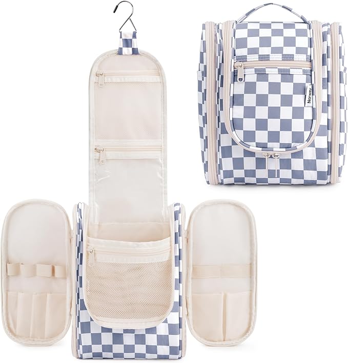 Narwey Small Checkered Hanging Travel Toiletry Bag for Women, Travel Bag for Toiletries, Makeup Bag Organizer Cosmetic Bags Make Up Bags for Women (Grayish Blue Checkerboard)