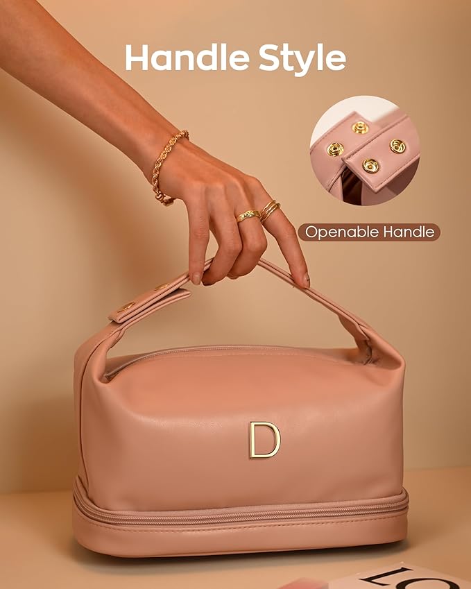 Gifts for Graduates, Personalized Makeup Bag with Handle, Initial Double Layer Cosmetic Bag with Makeup Brush Organizer, PU Leather Travel Toiletry Bag, Gifts for Friends Female Mom