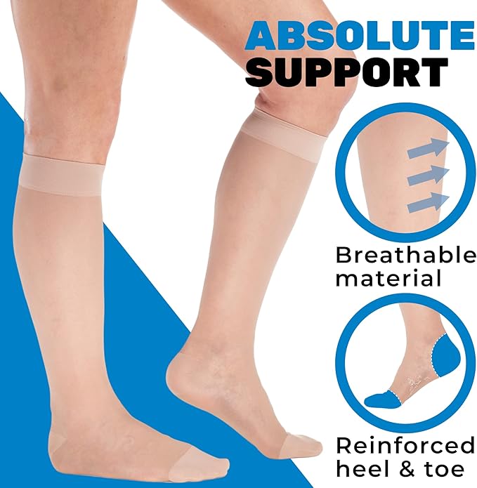 (3 Pairs - Closed Toe) Made in USA - Compression Socks for Women 15-20mmHg - Sheer Compression Knee High Stockings for Post Surgery, Pregnancy, Arthritis, Edema - Natural, Large - A101NA3-3
