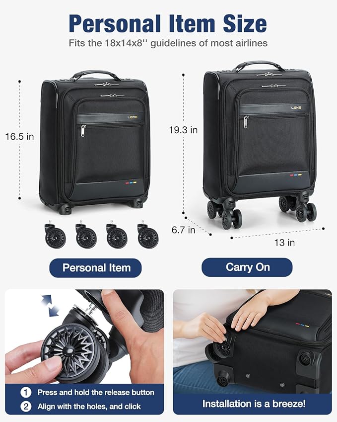 Lekebobor 16 Inch Underseat Carry On Luggage with Wheels, Softside Small Personal Item Suitcase Airline Approved, Under Seat Luggage for Women Men Travel Business, Black