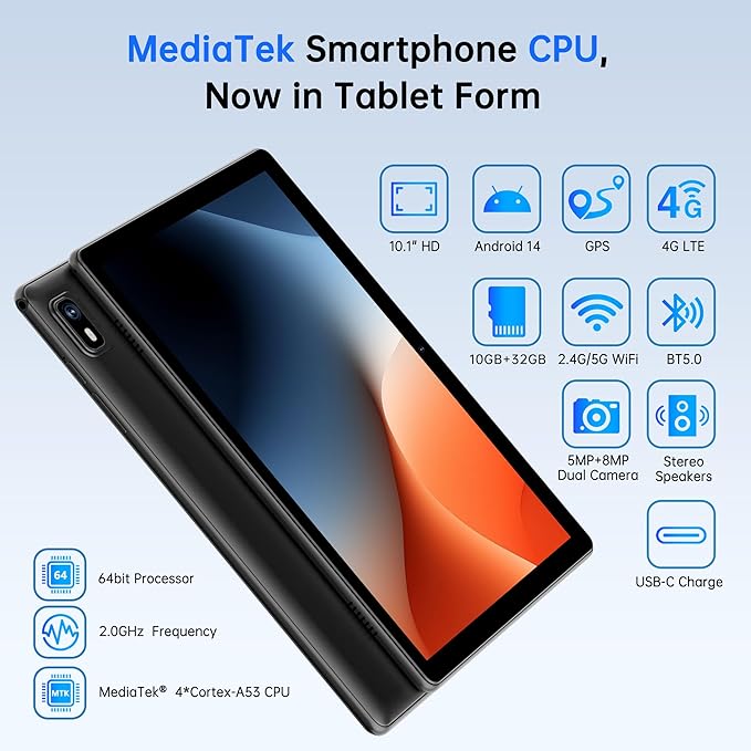 HAOVM Android 14 Tablet 10.1 Inch,4G SIM Unlocked, Quad-Core CPU 2.0GHz,3GB+32GB, TF Expandable, IPS Display, 5G WiFi, Bluetooth 5.0,5MP+8MP Dual Cameras,5000mAh, GPS, Google Kids Space，Black case